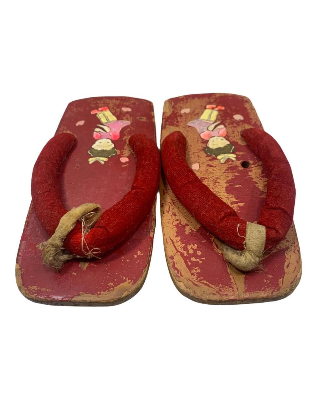 Vintage Japanese Geta Wooden Sandals with Red Fabric Straps Child Size 6"
